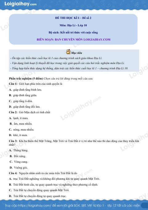 Đề thi học kì 1 Địa lí 10 - Đề số 2
